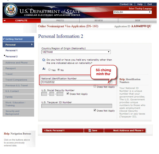 Thông tin cá nhân đơn DS-160 - AMERICANA